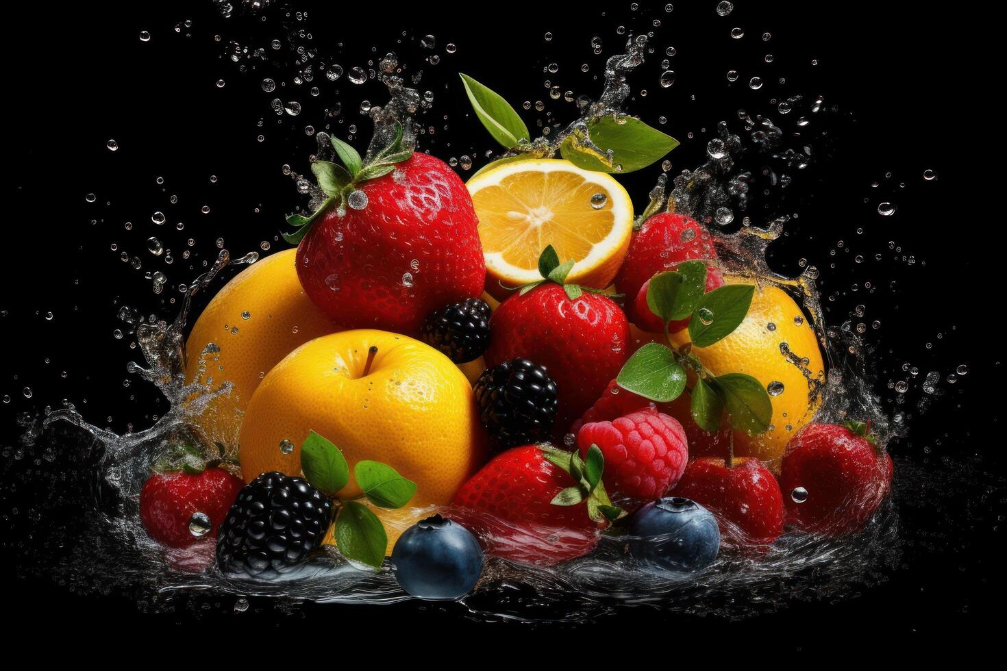 Fresh Fruits With Splash on Black Background. photo