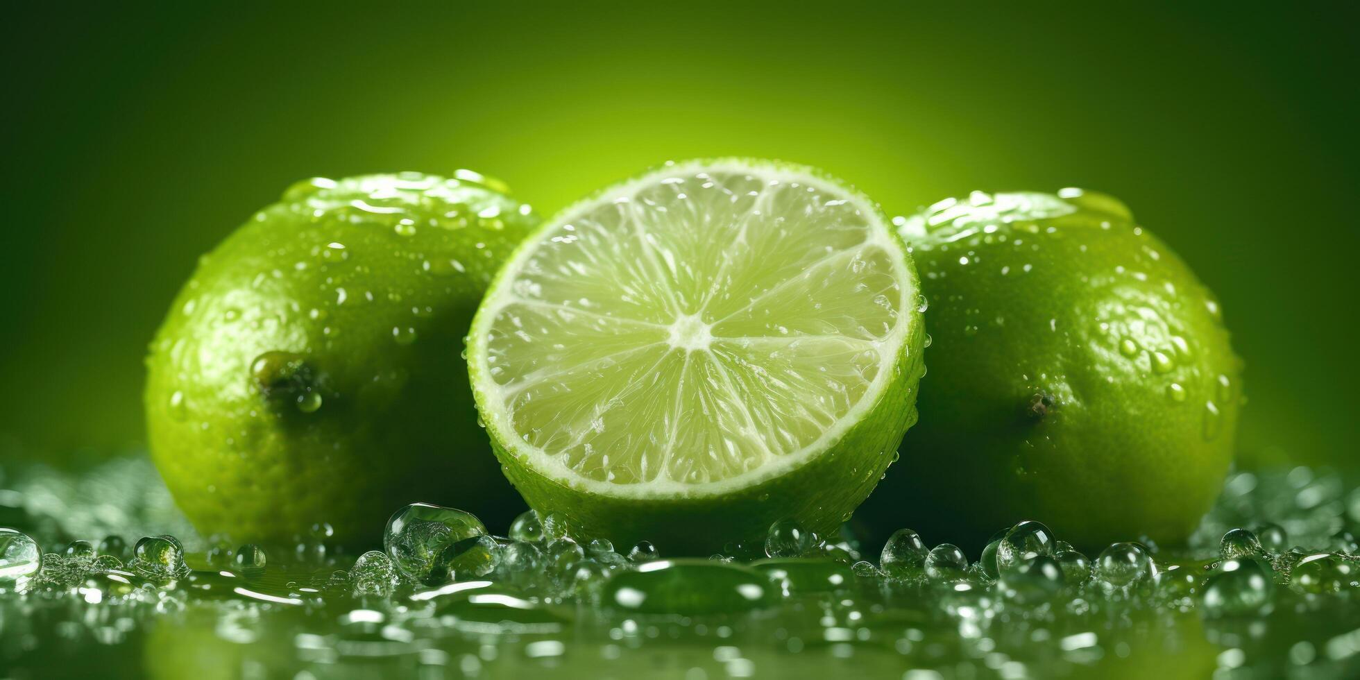 Fresh Slice Lime with Water Drop on Green Background. photo