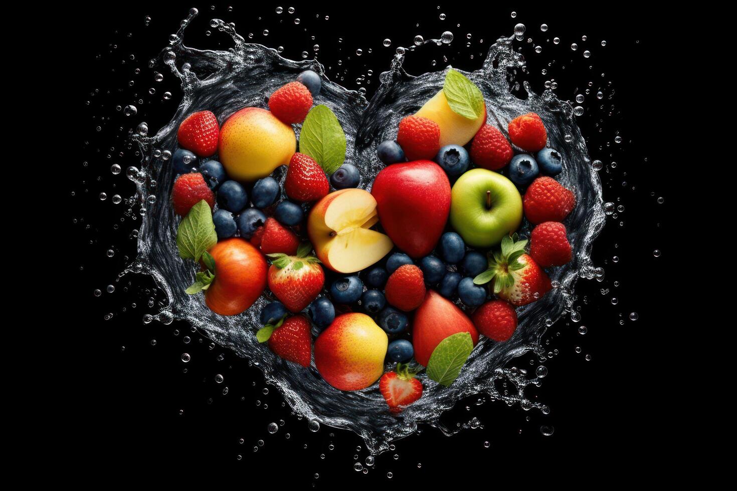 Various Fruit in the heart shape with splash water, Healthy fruits Rich in Vitamins. photo