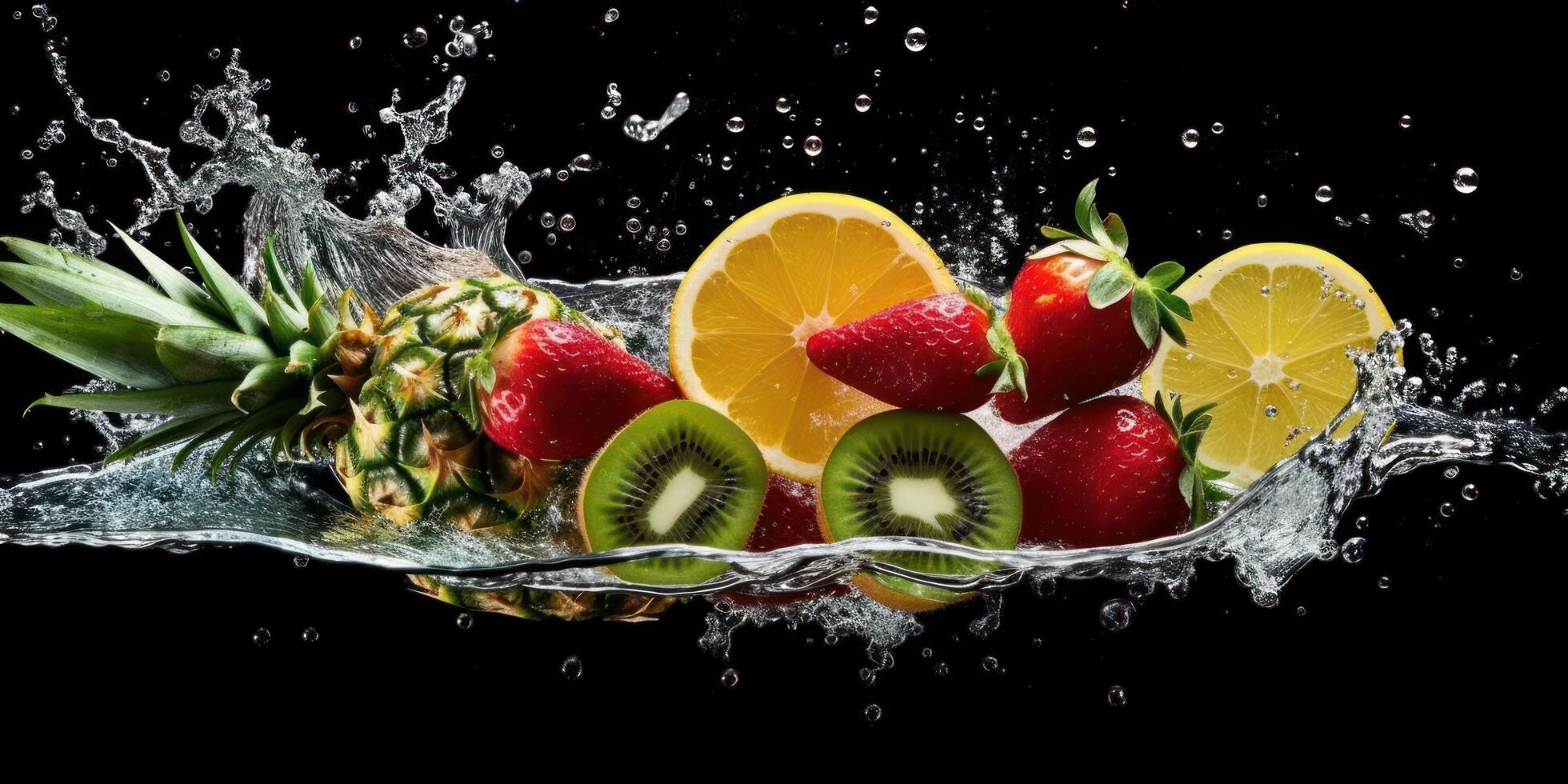 Various Fruit with Water Splash on Dark Background, Healthy fruits Rich in Vitamins. photo