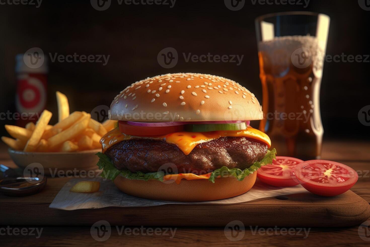 A la parrilla hamburguesa y francés papas fritas comida ,generativo ai foto