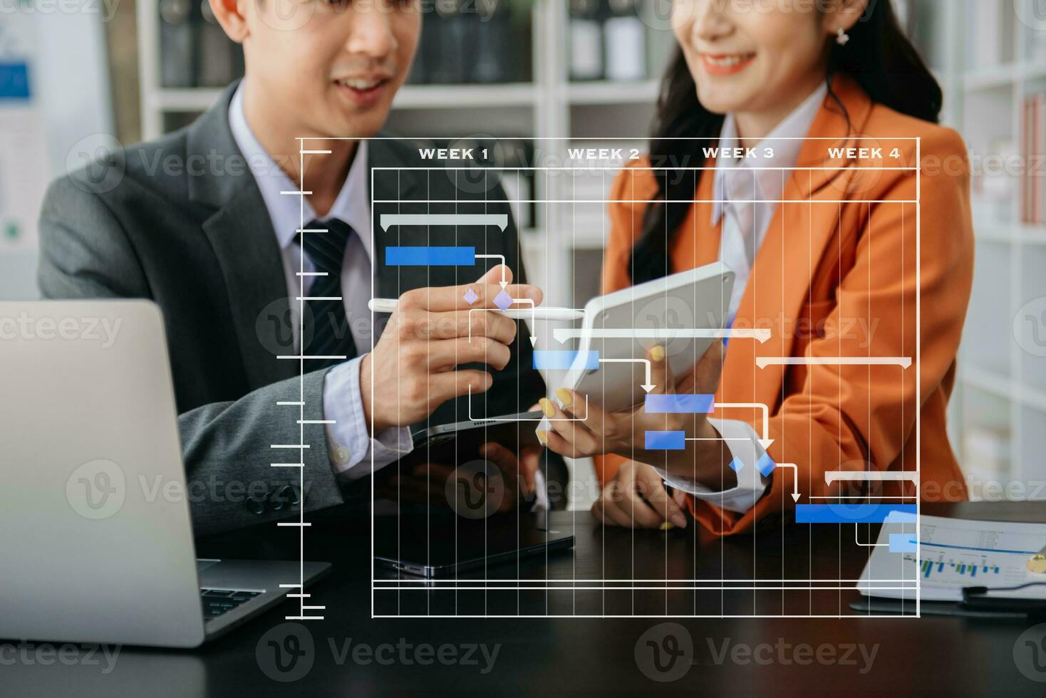 Project manager working and update tasks with milestones progress planning and Gantt chart scheduling diagram.business tram working at office photo