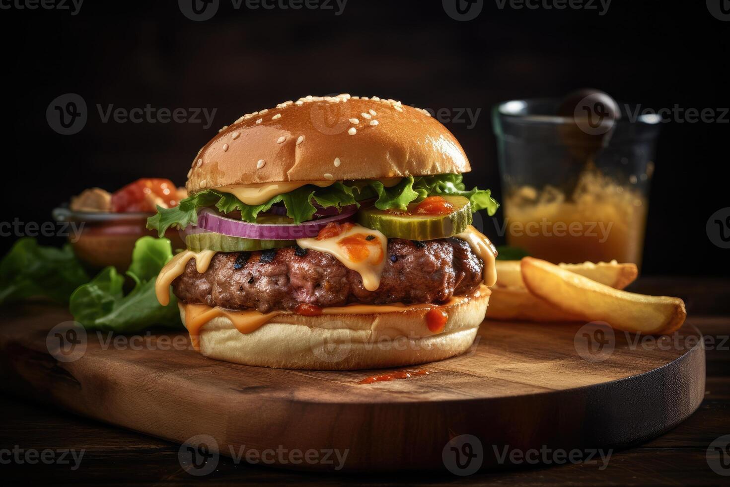 Grilled burger and french fries food , photo