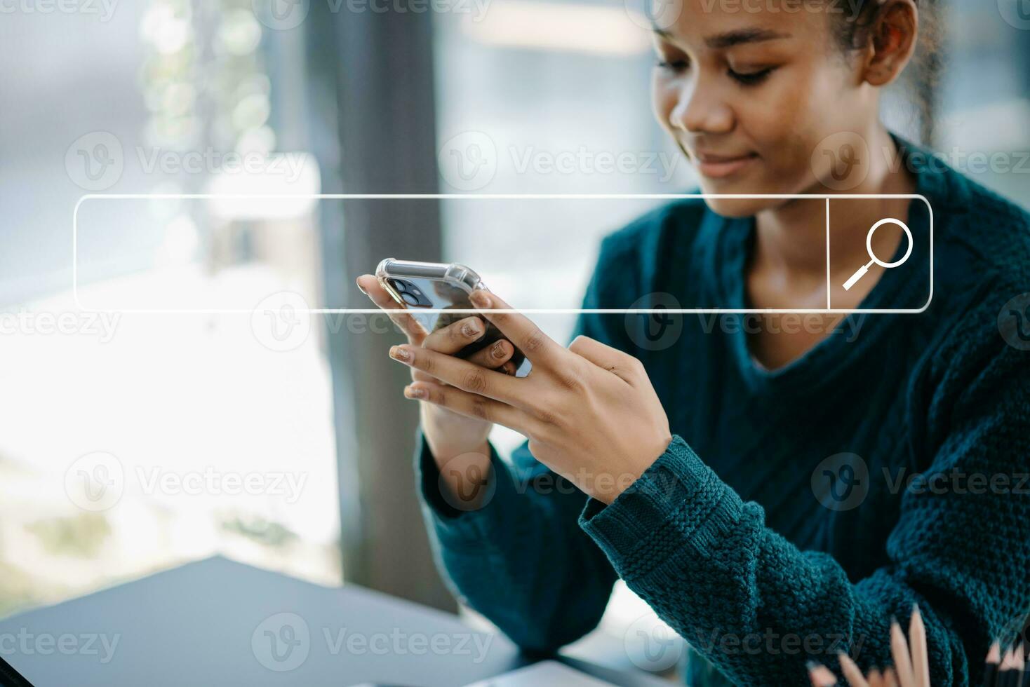 Searching Browsing Internet Data Information Networking Concept with blank search bar.man working with mobile phone and laptop computer VR icon photo
