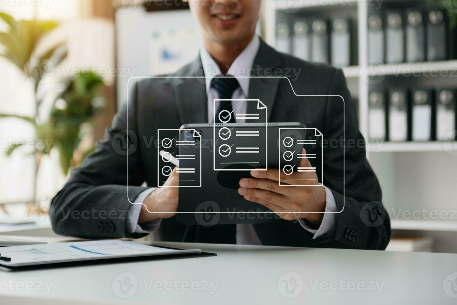 Online business contract Electronic signature, e-signing, digital document management, paperless office, business hand working photo