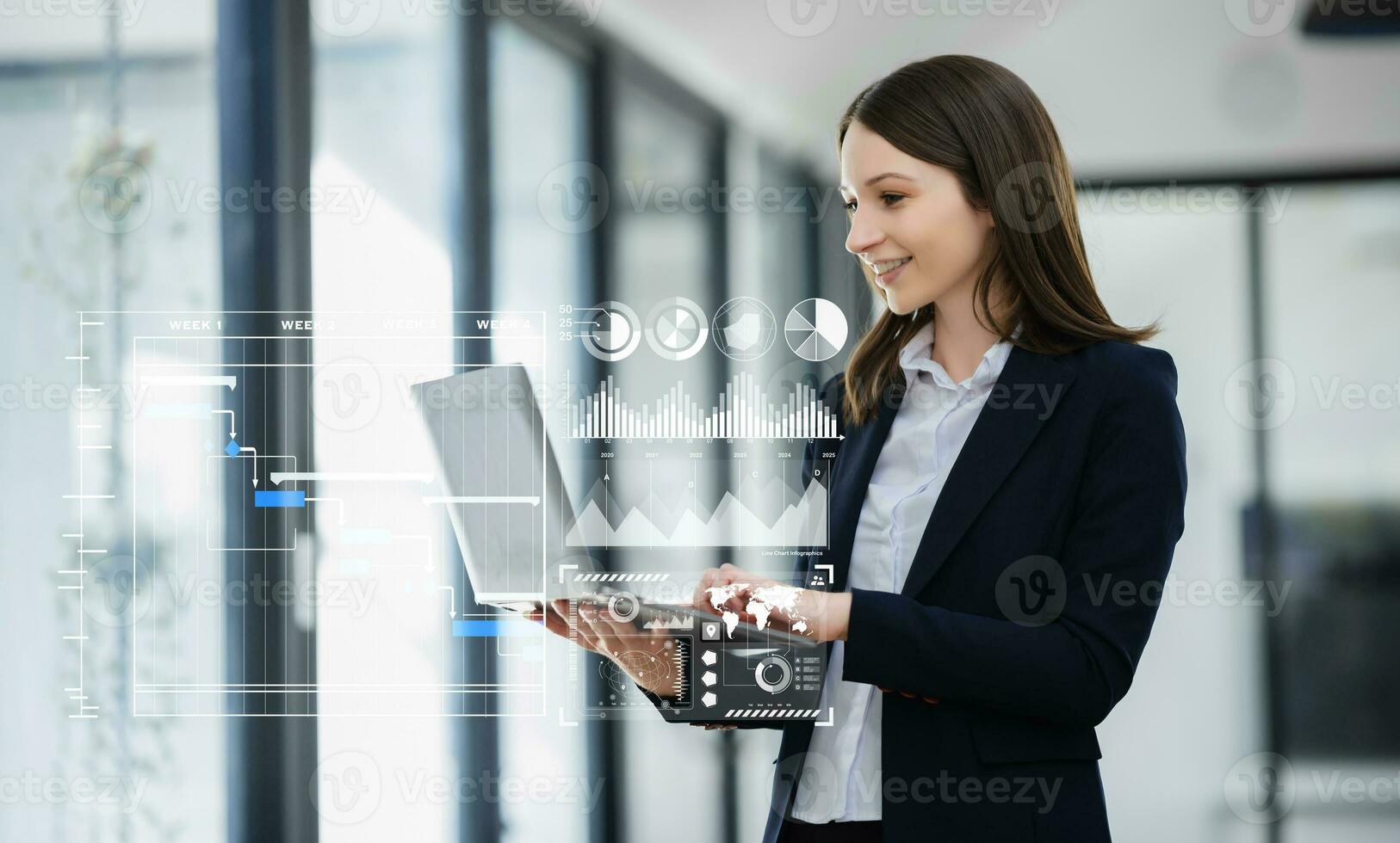 Businesswoman hand Project manager working and update tasks and Gantt chart scheduling virtual diagram.with smart phone, tablet and laptop in office. photo