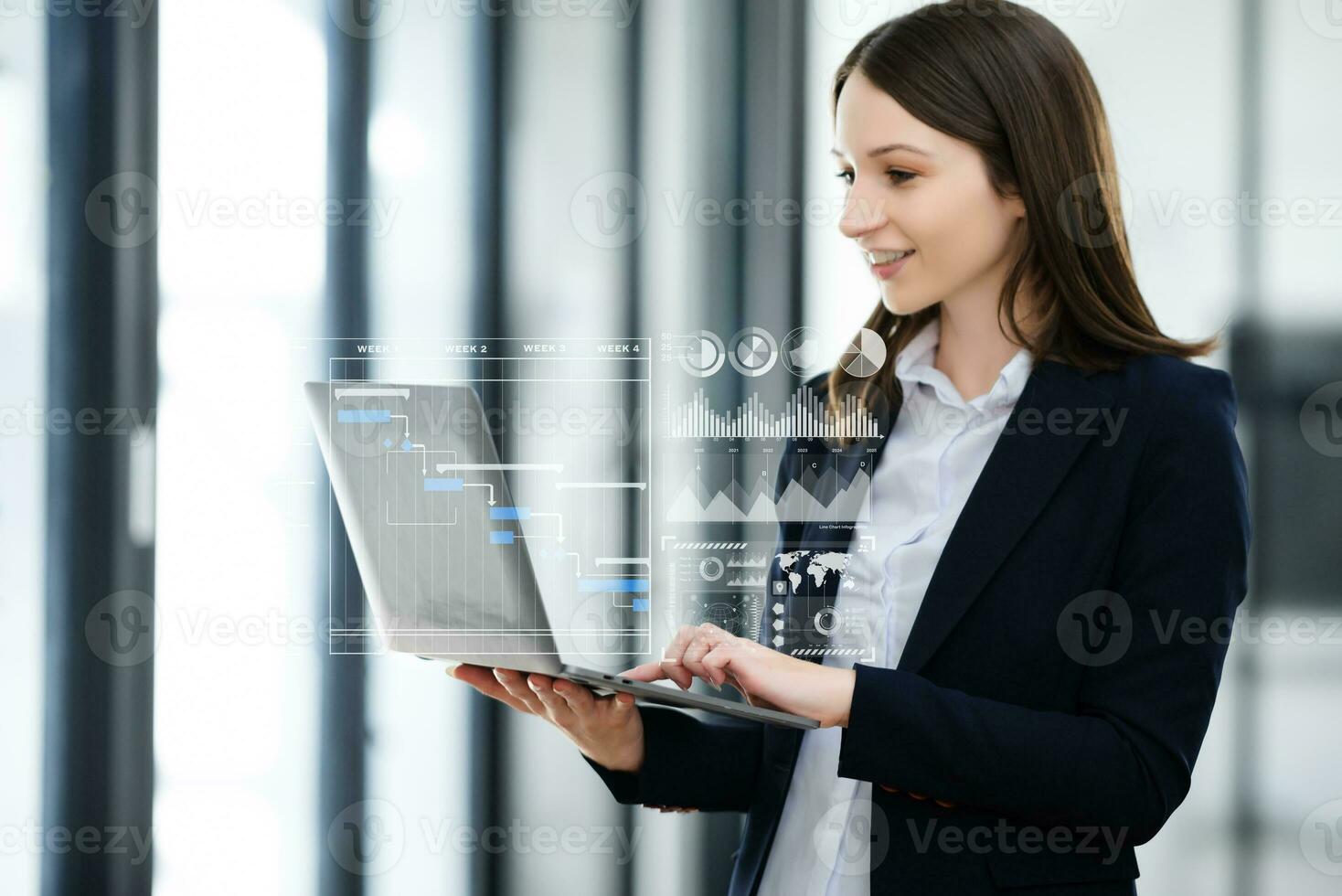 Businesswoman hand Project manager working and update tasks and Gantt chart scheduling virtual diagram.with smart phone, tablet and laptop in office. photo