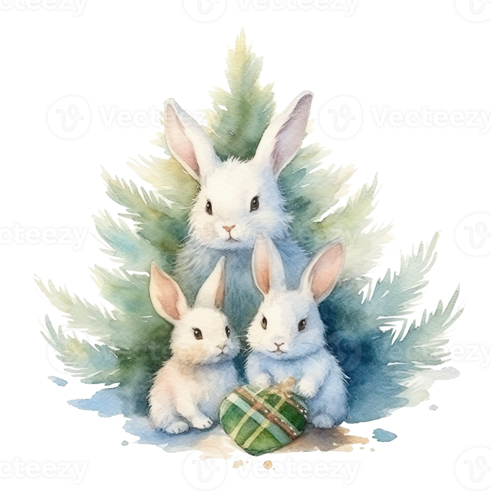 Watercolor cute three bunnies ubder christmas tree. Illustration png