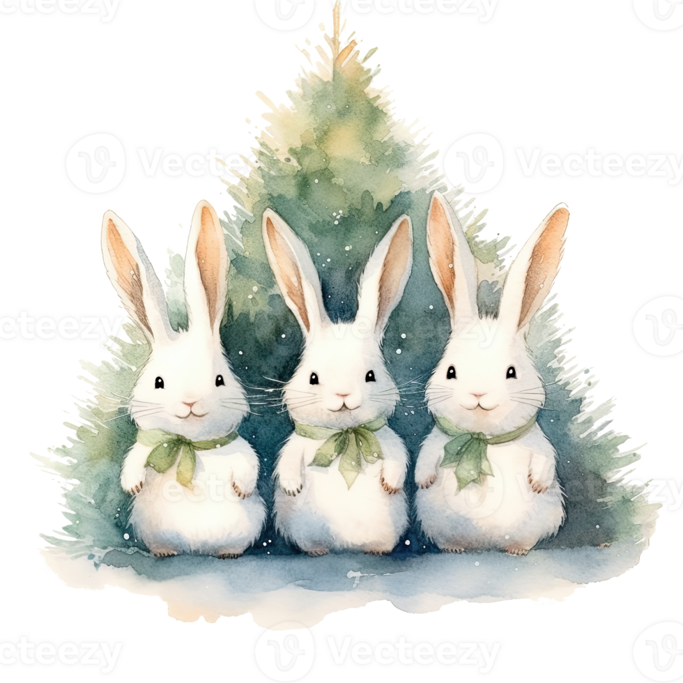 aquarelle mignonne Trois lapins dessous Noël arbre. illustration ai génératif png
