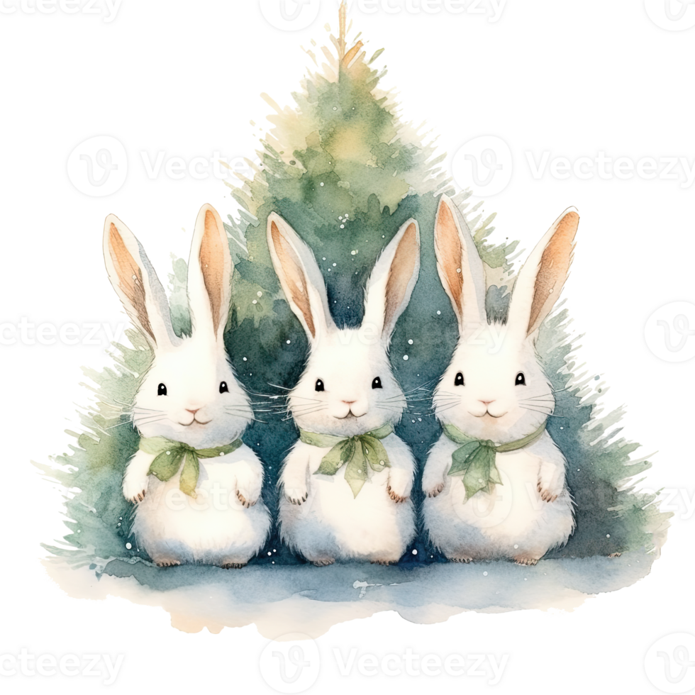 Watercolor cute three bunnies ubder christmas tree. Illustration png