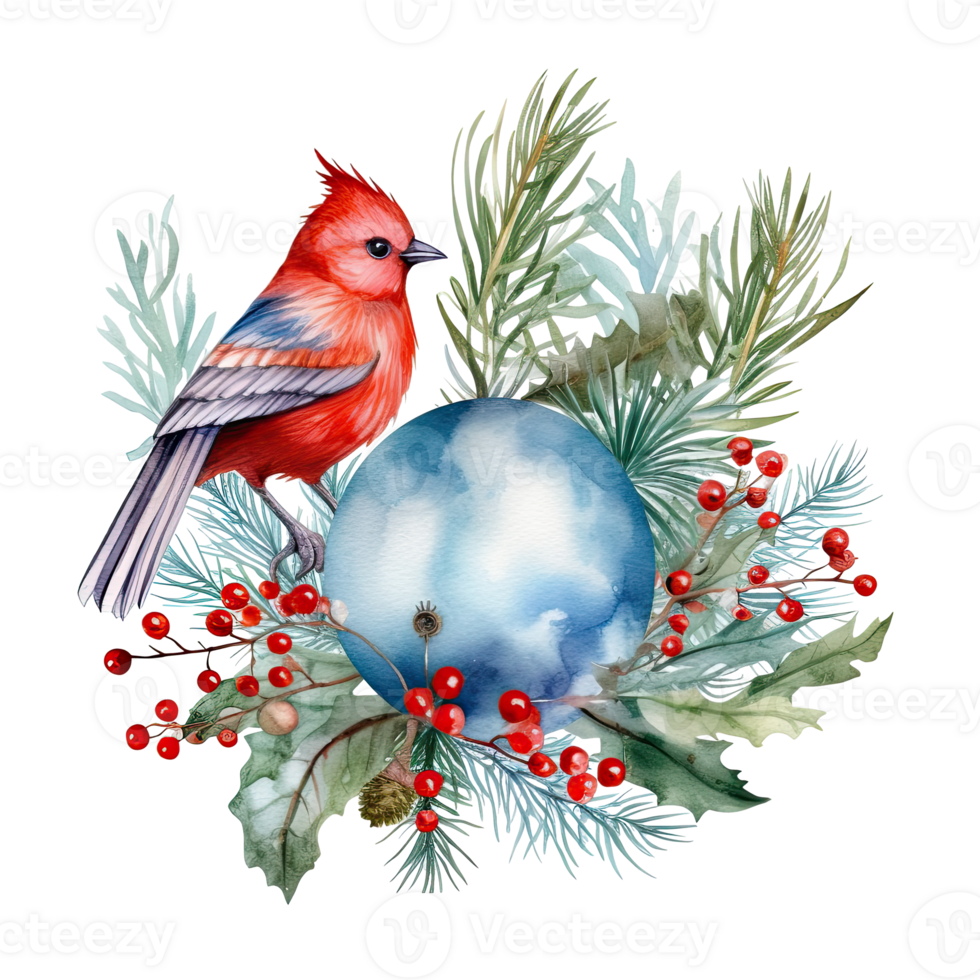 Watercolor Christmas tree toy bird and holly jolly branches. Illustration png