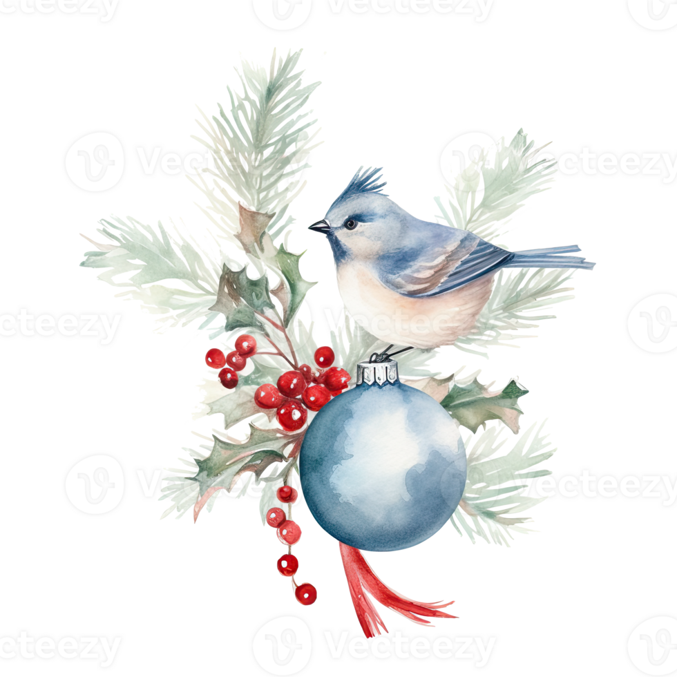 Watercolor Christmas tree toy bird and holly jolly branches. Illustration png