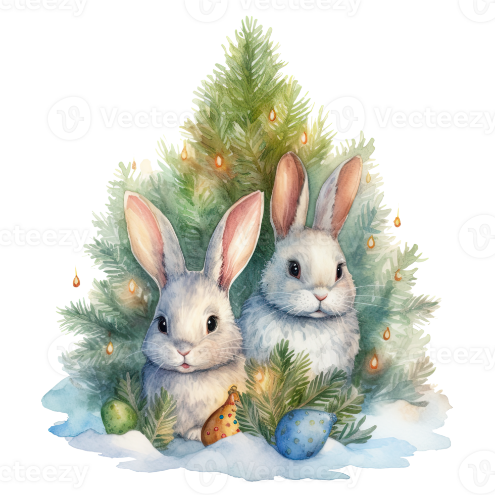 Watercolor cute three bunnies ubder christmas tree. Illustration png