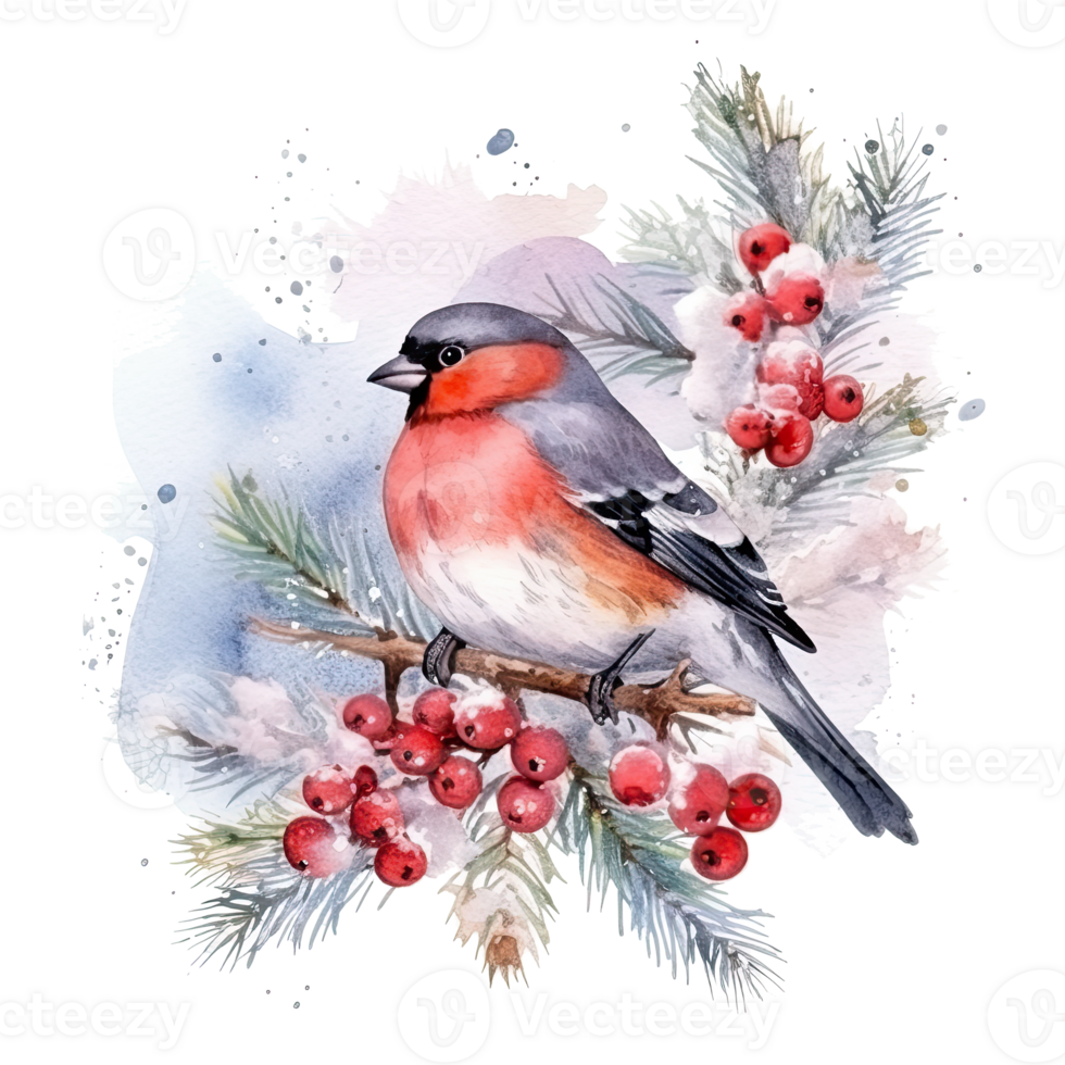 Watercolor Christmas forest branches and bullfinch. Illustration png