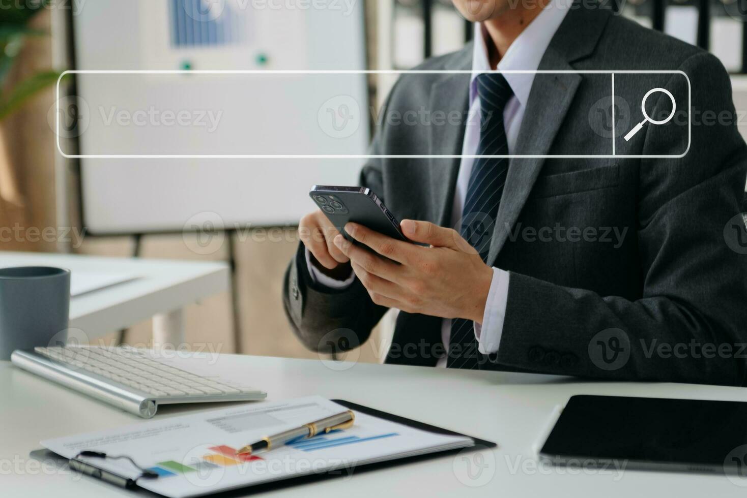 Searching Browsing Internet Data Information Networking Concept with blank search bar.man working with mobile phone and laptop computer VR icon photo