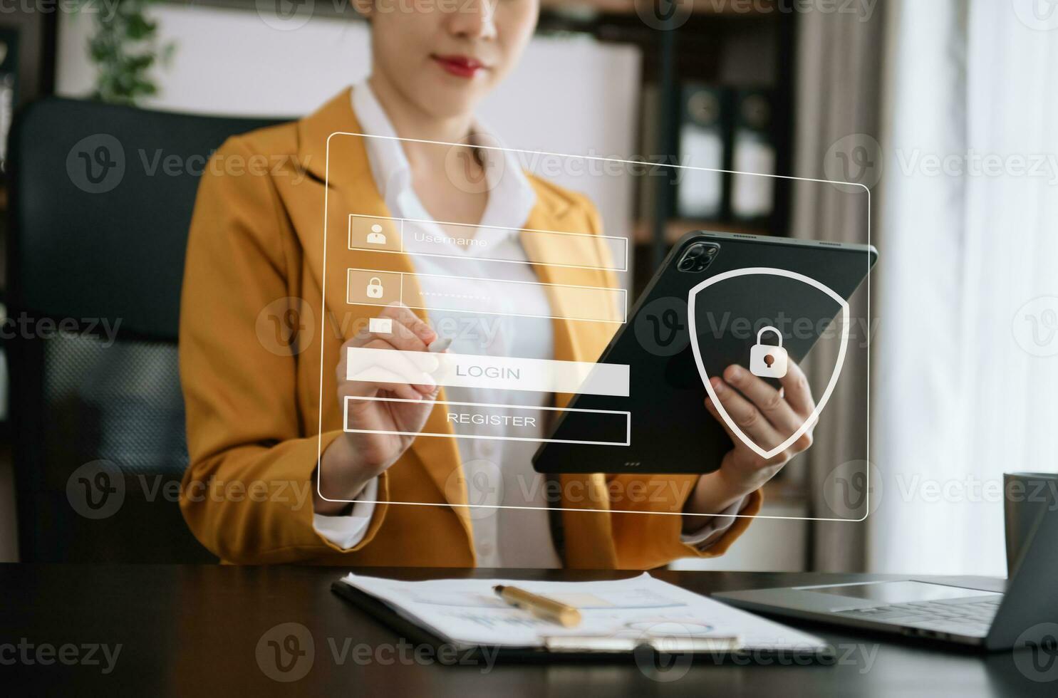 Cyber security concept, Login, User, identification information security and encryption, secure access to user's personal information woman using smart phone and tablet photo