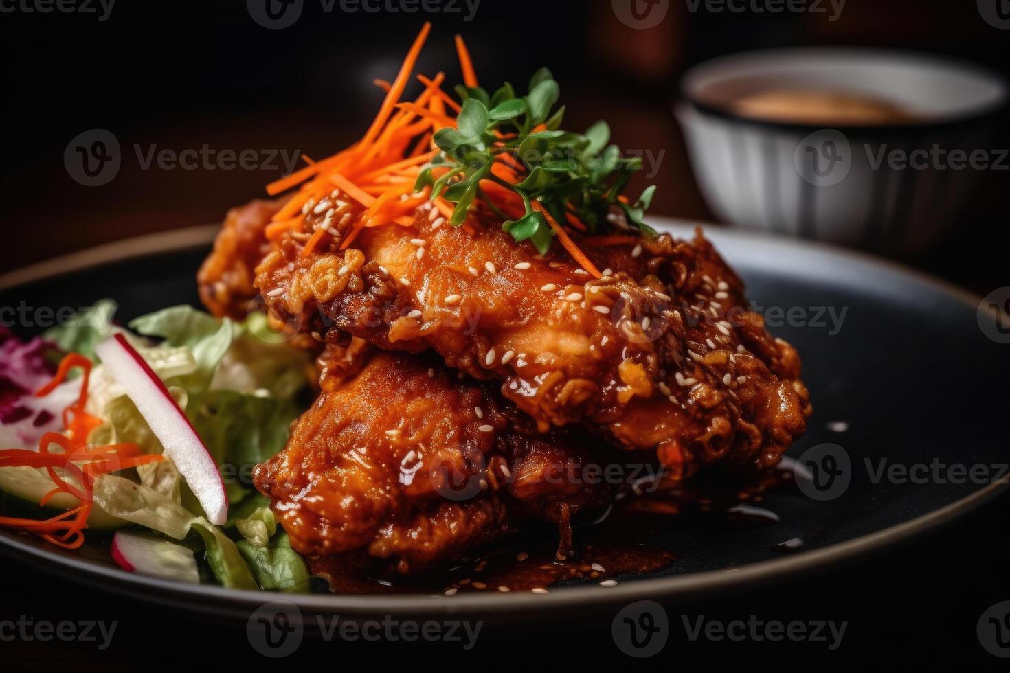 Crispy and spicy Korean fried chicken. photo