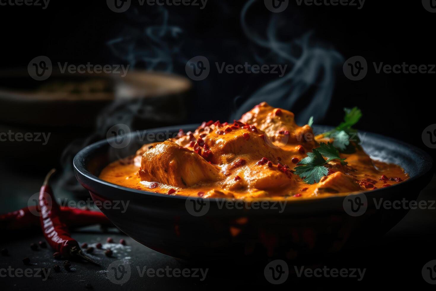 Indian steaming bowl of chicken tikka masala. photo