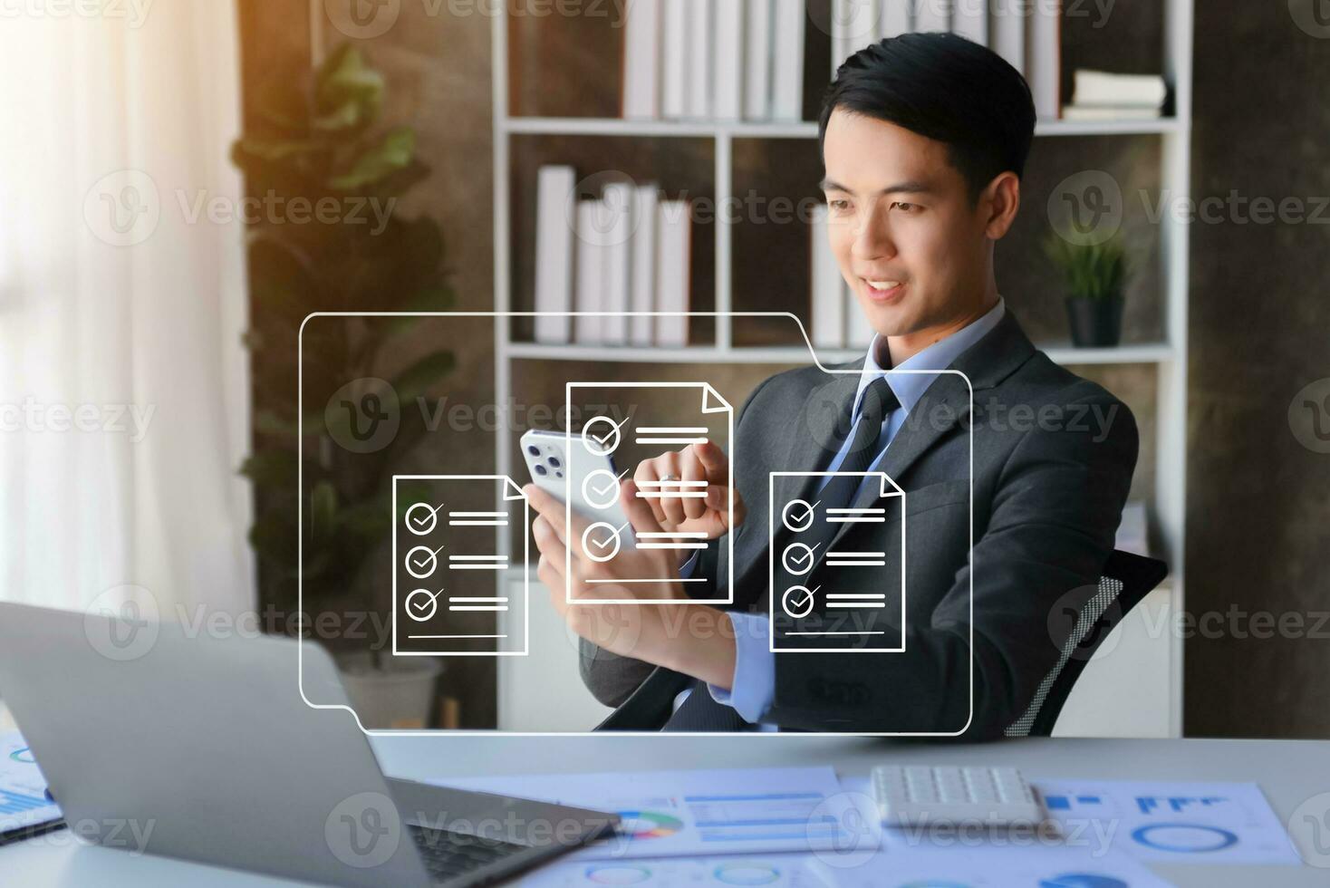 Online business contract Electronic signature, e-signing, digital document management, paperless office, business hand working at office photo