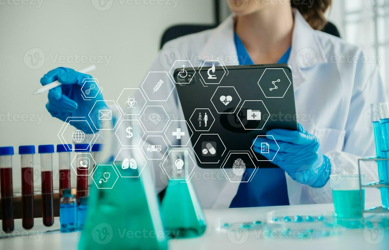 Dctor work on digital tablet healthcare doctor technology tablet using computer  in laboratory study with VR icon photo