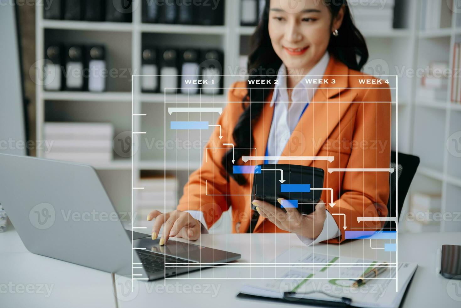 Project manager working and update tasks with milestones progress planning and Gantt chart scheduling diagram.business tram working at office photo