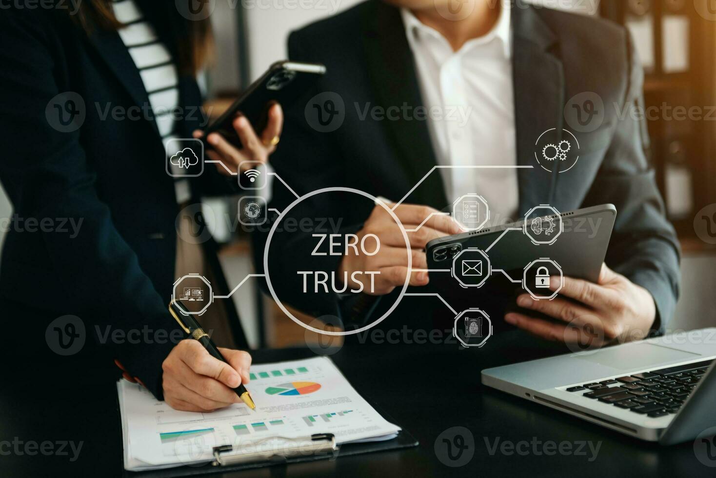 Zero trust security concept Person using computer and tablet with zero trust icon on virtual screen of Data businesses.in office photo