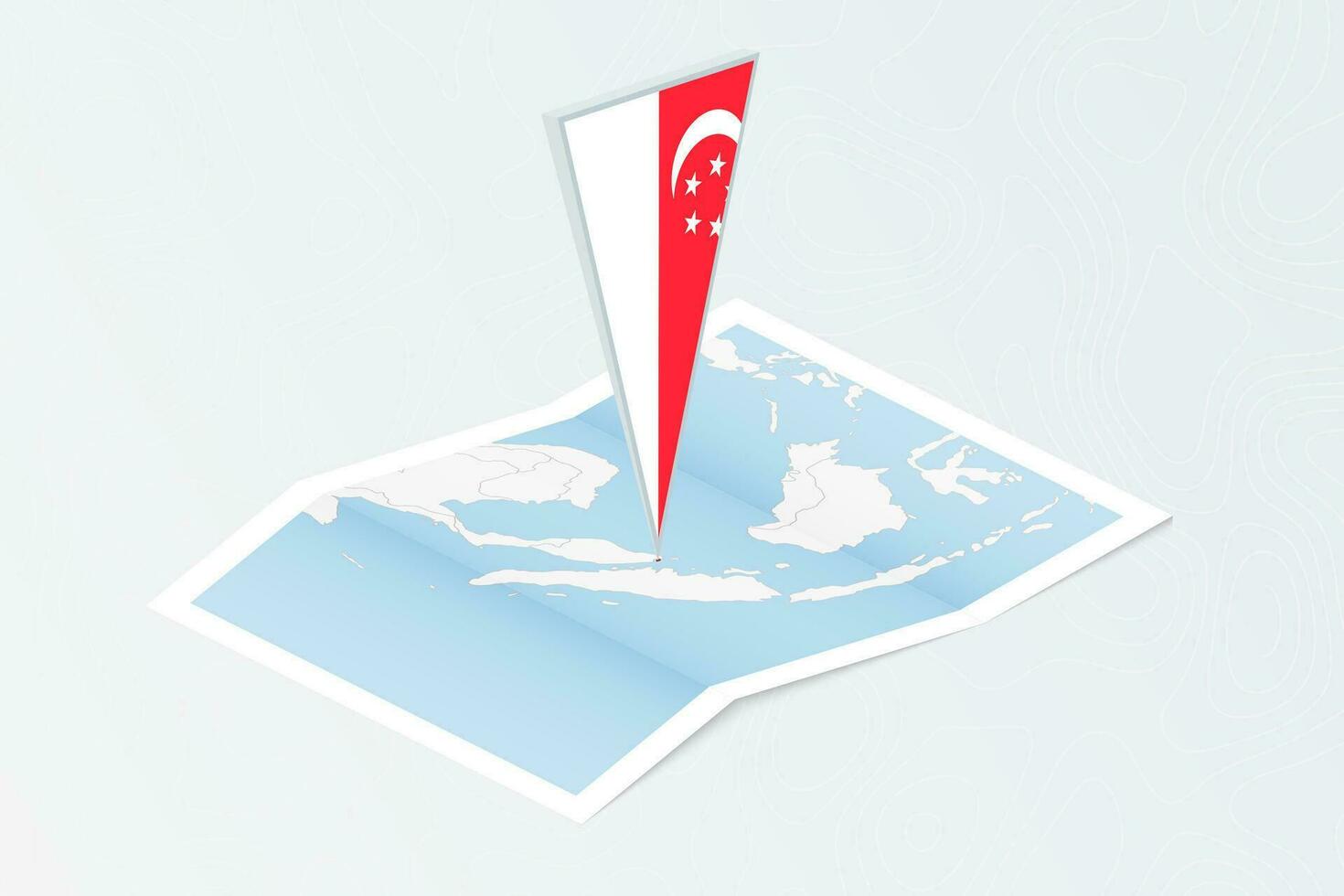 Isometric paper map of Singapore with triangular flag of Singapore in isometric style. Map on topographic background. vector