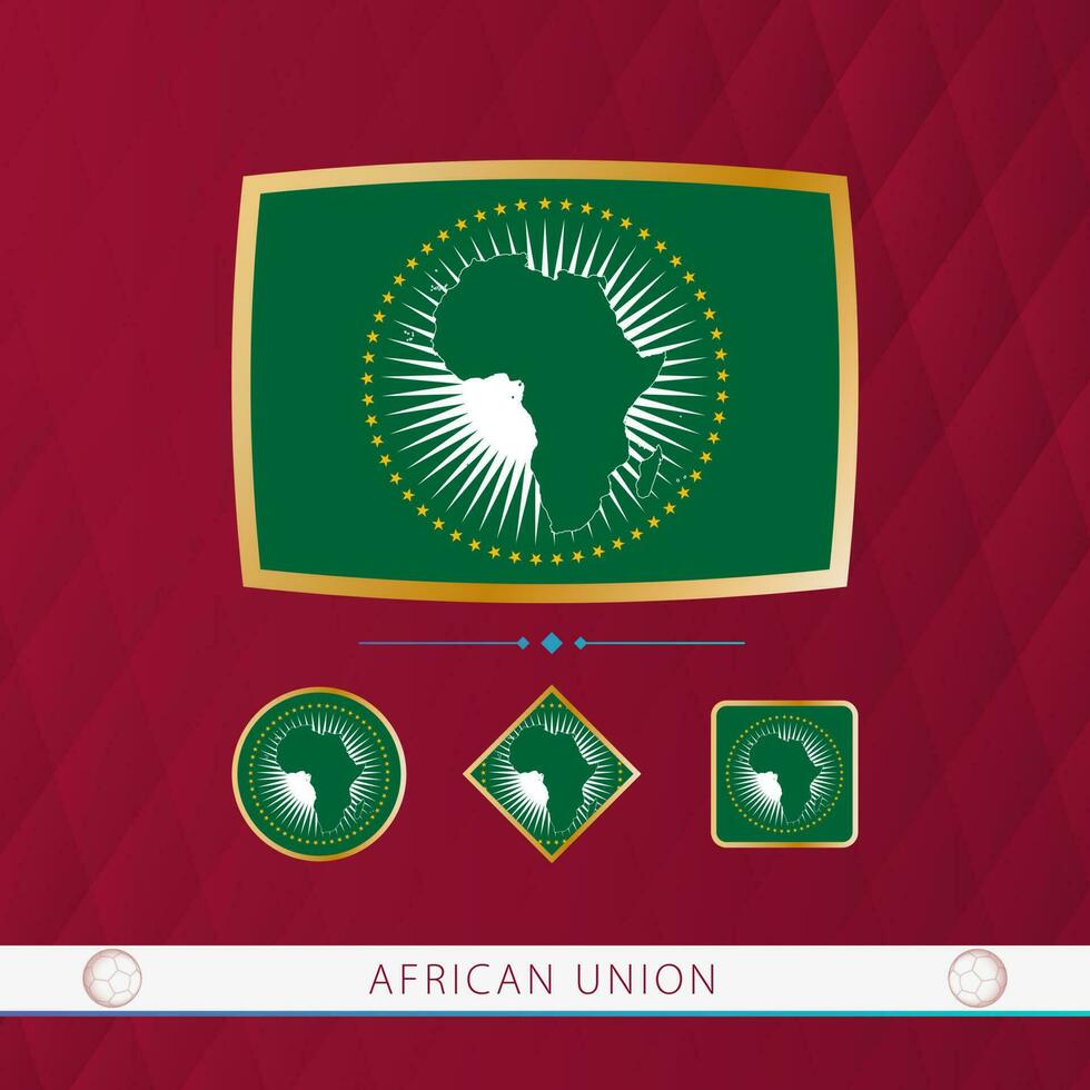 Set of African Union flags with gold frame for use at sporting events on a burgundy abstract background. vector