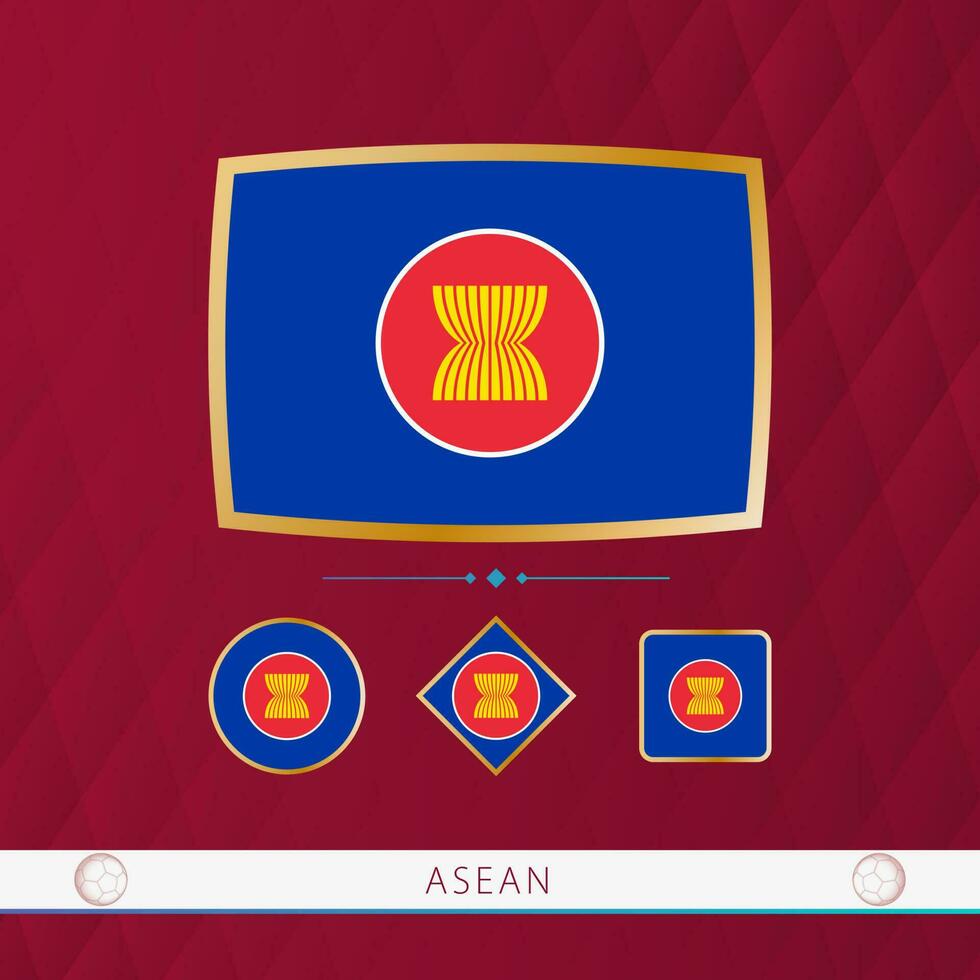 Set of ASEAN flags with gold frame for use at sporting events on a burgundy abstract background. vector