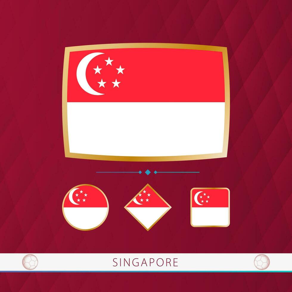Set of Singapore flags with gold frame for use at sporting events on a burgundy abstract background. vector