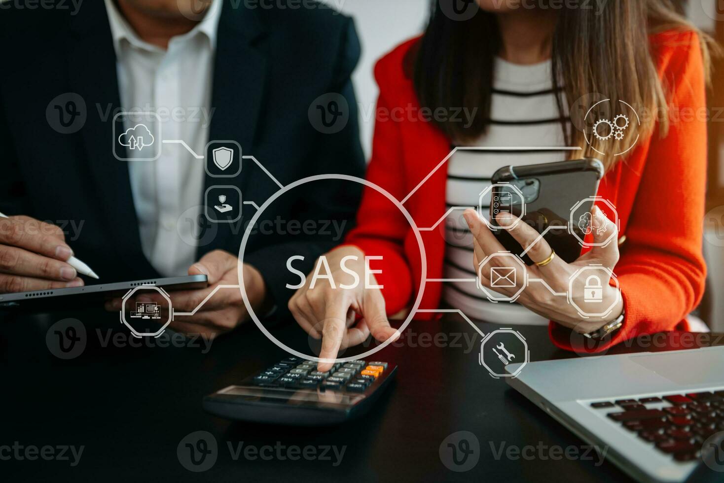 SASE Secure Access Service Edge concept Hand touching Secure Access Service Edge icon on virtual screen background, password, network, framework and support technology in office photo