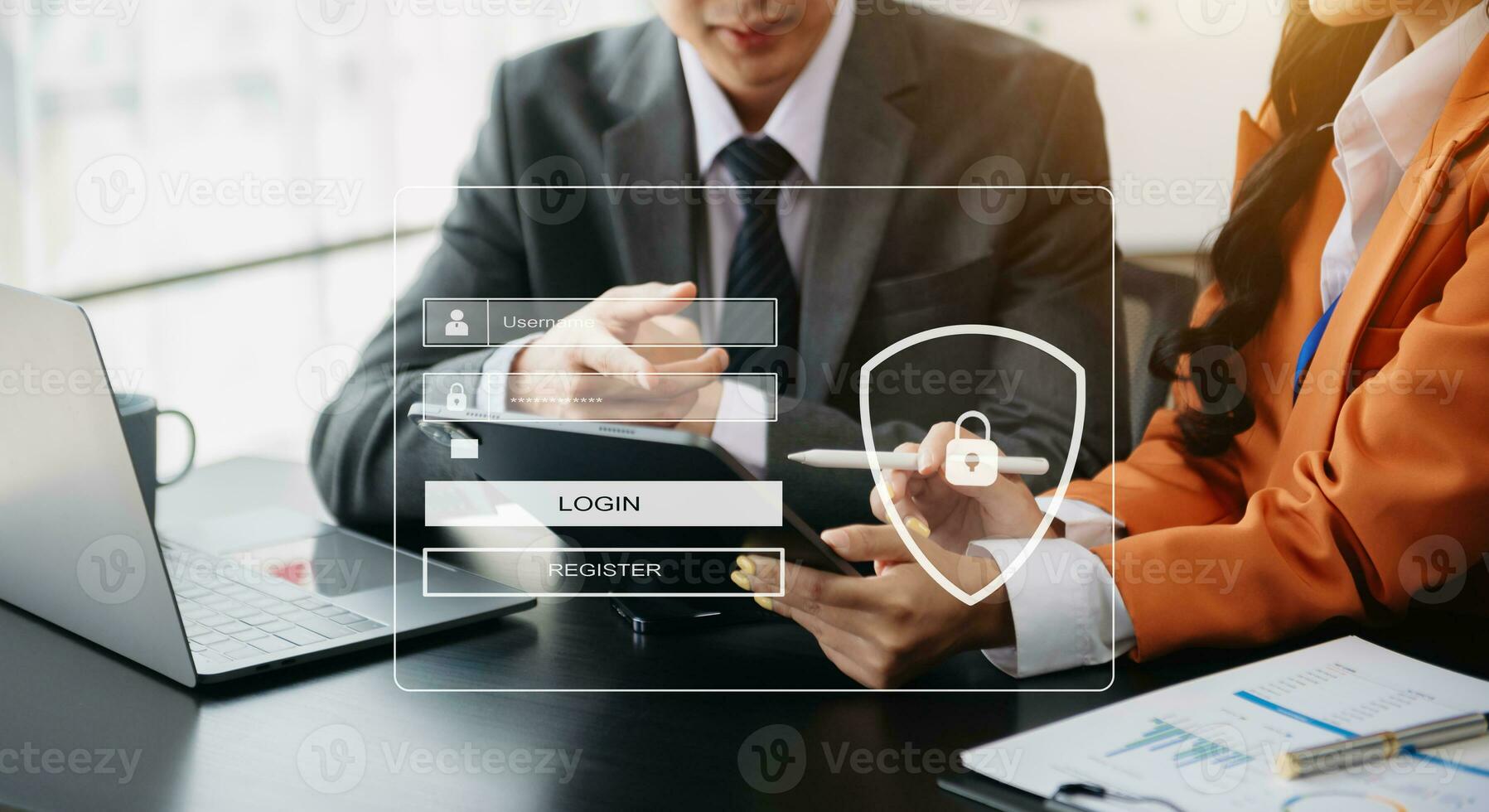 Cyber security concept, Login, User, identification information security and encryption, secure access to user's personal information woman using smart phone and tablet photo