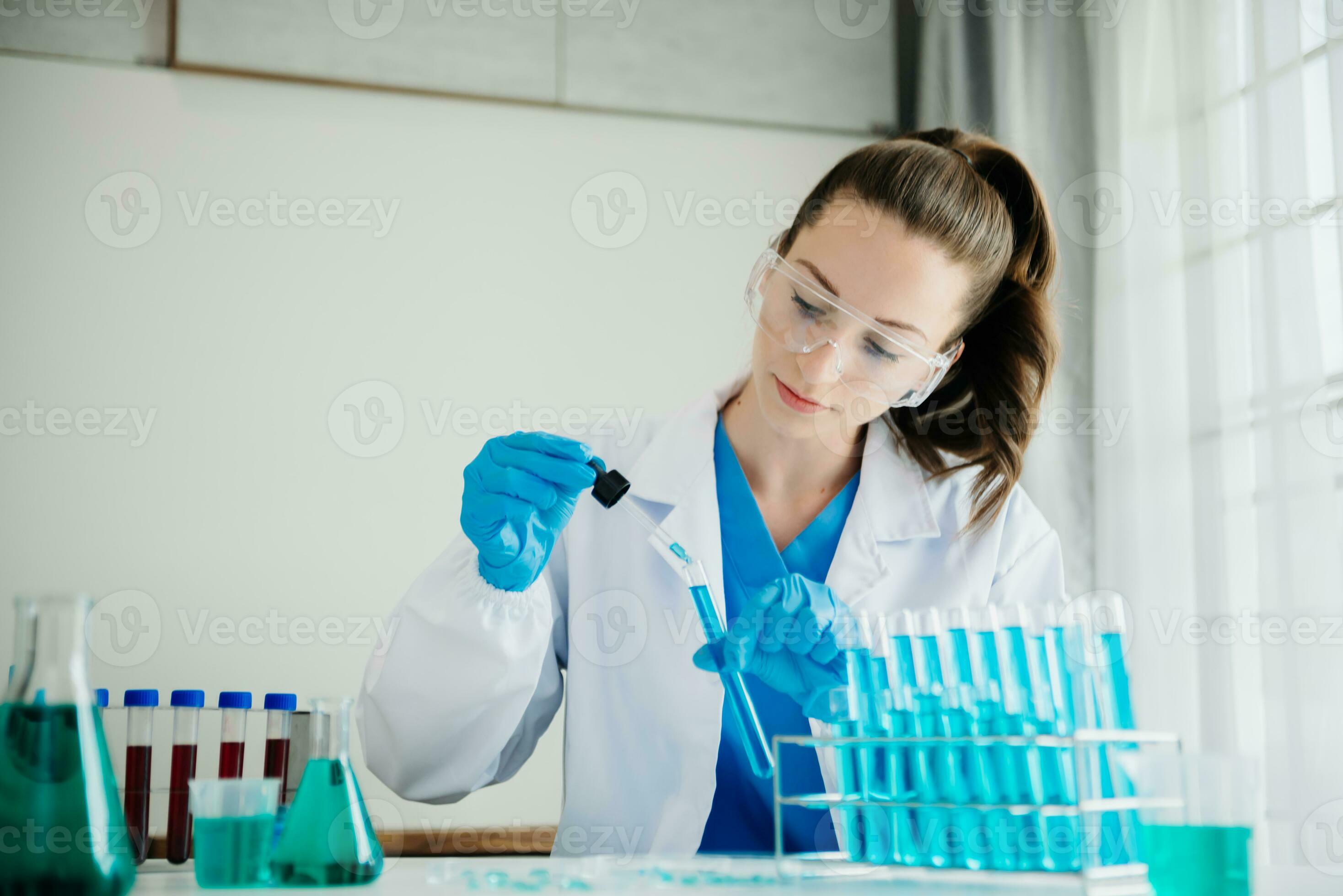 Modern medical research laboratory. female scientist working with micro