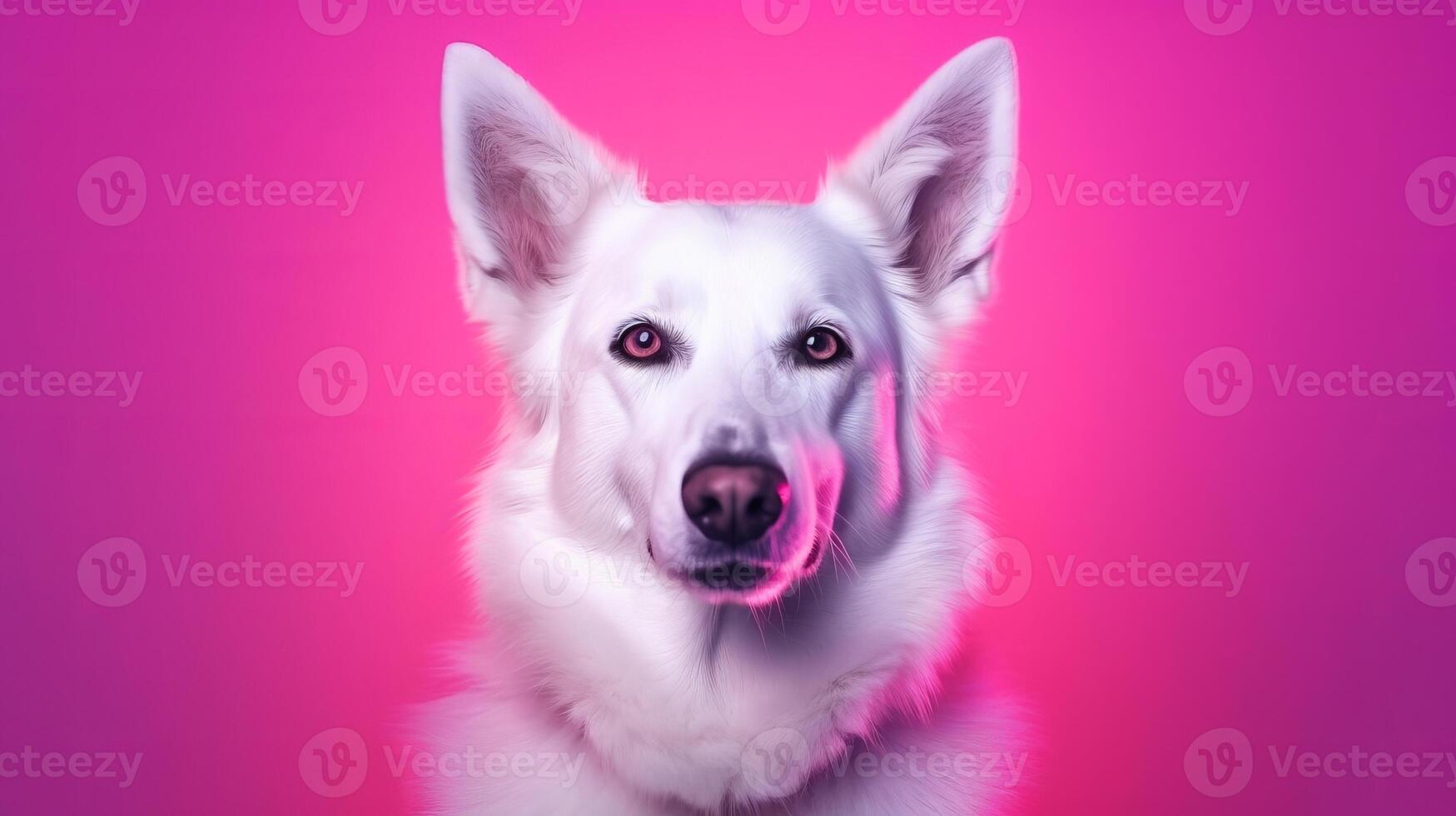 Representation of purebred pooch, White Shepherd obliged over studio establishment in neon incline pink light channel. Creative resource, photo