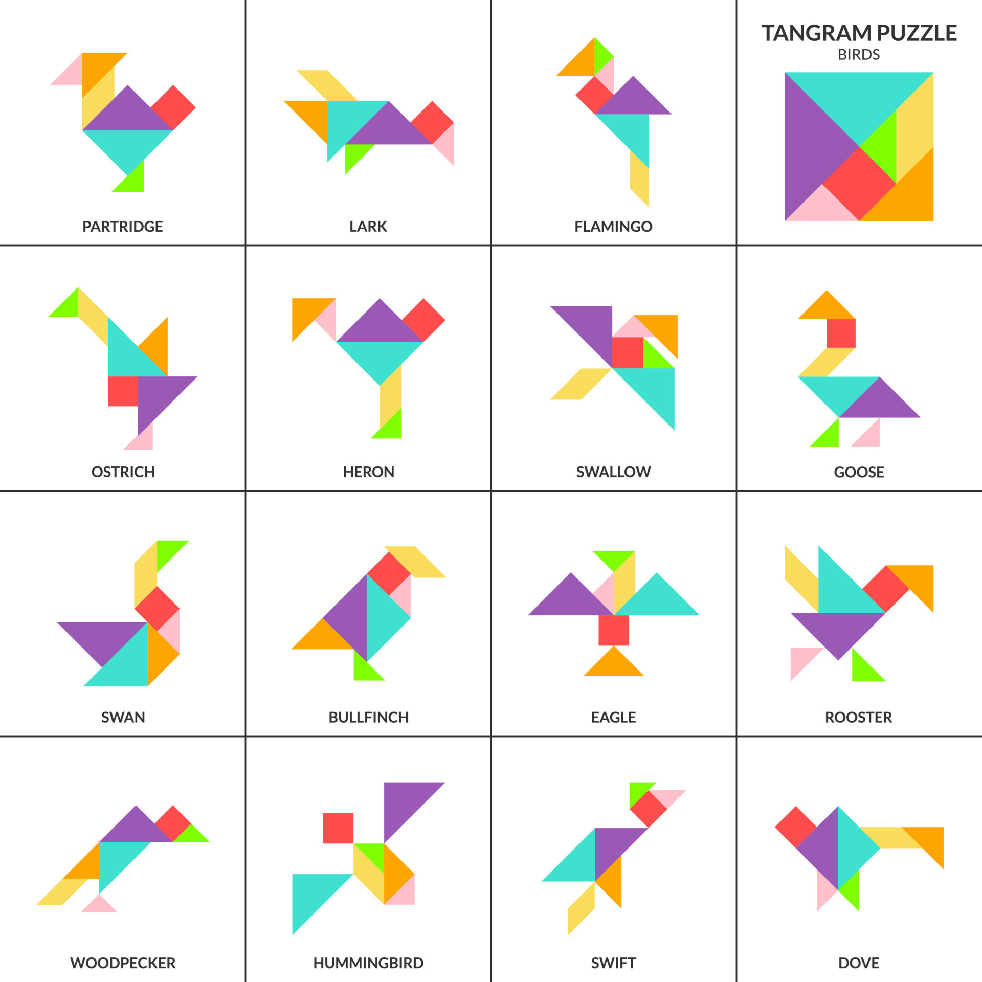 Tangram puzzle game for kids. Vector colorful collection with