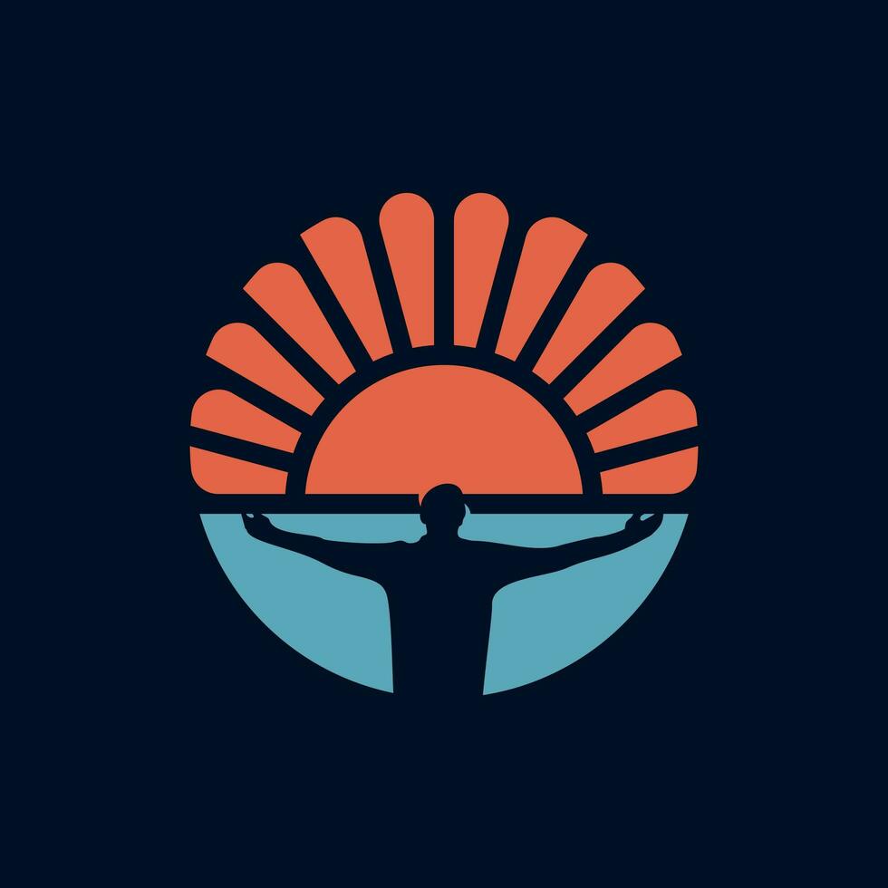 Man raising both hands Logo in a Orange sunset cloudy ocean view and river logo design, Champion, win, Leader, winner Logo Design Vector, Human Power vector