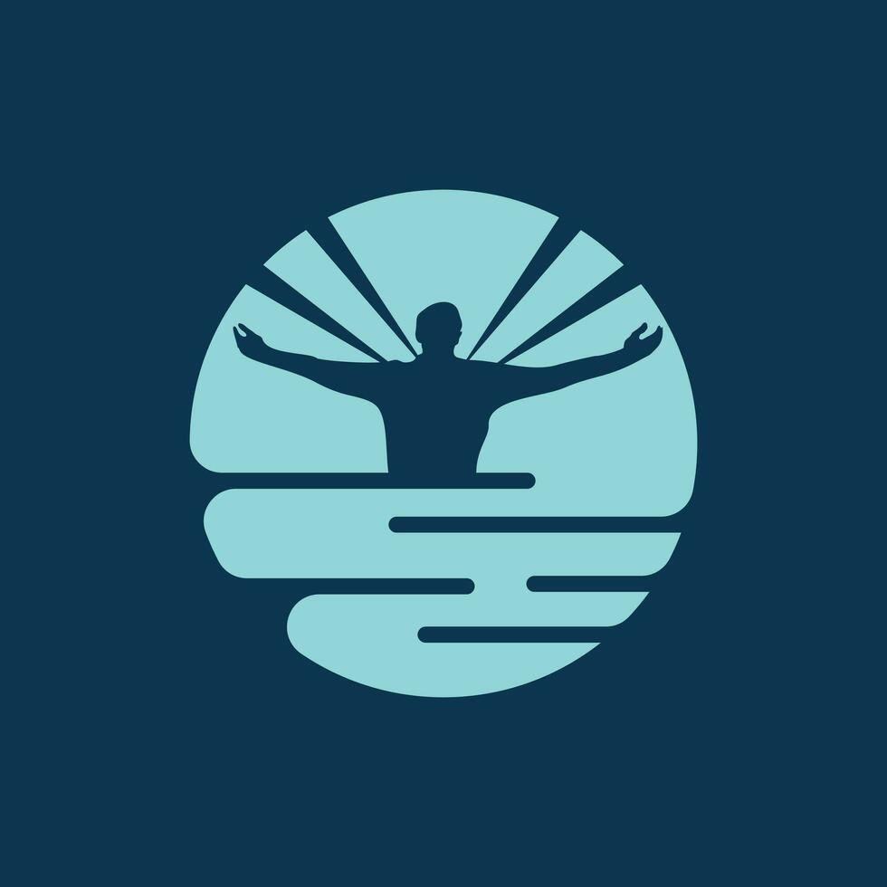 Man in a circle surrendering with both hands raised in air creative logo, Champion, win, Leader, winner Logo Design Vector, Human Power vector