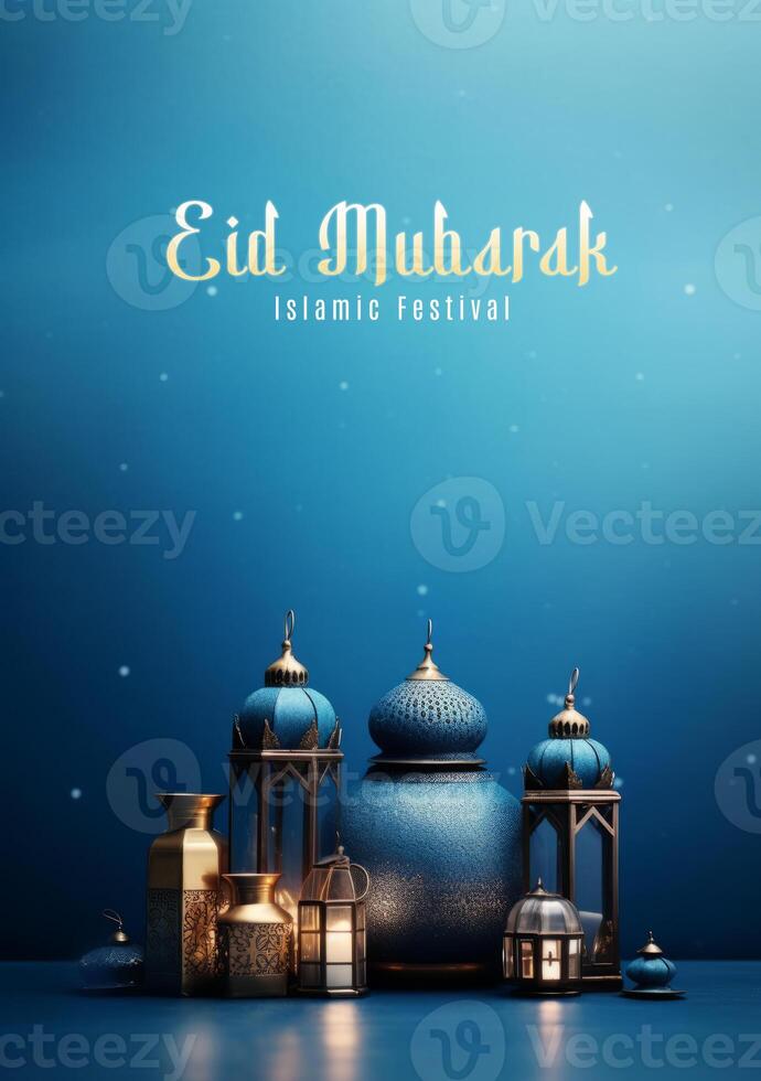 Eid Mubarak. Islamic Holiday Poster. Illustration AI Generative photo