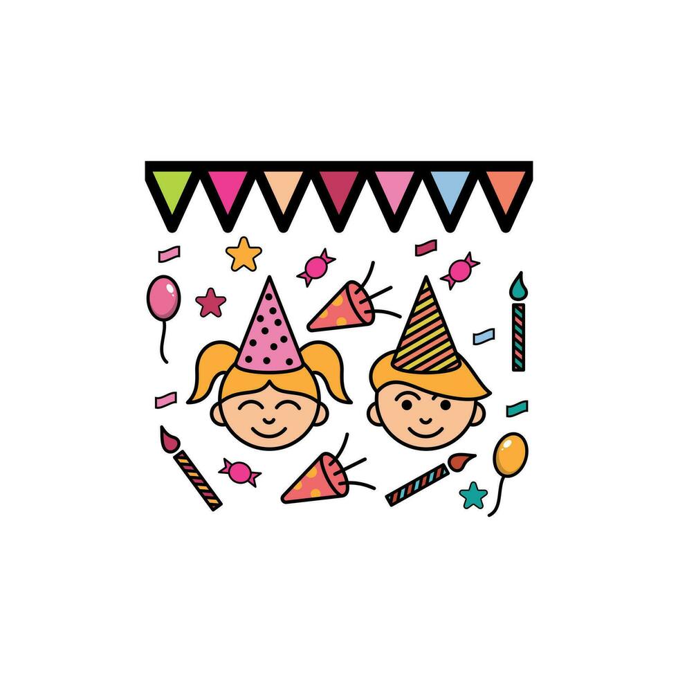 girl and boy kid birthday icon, Birthday Celebration Doodle Vector Illustration