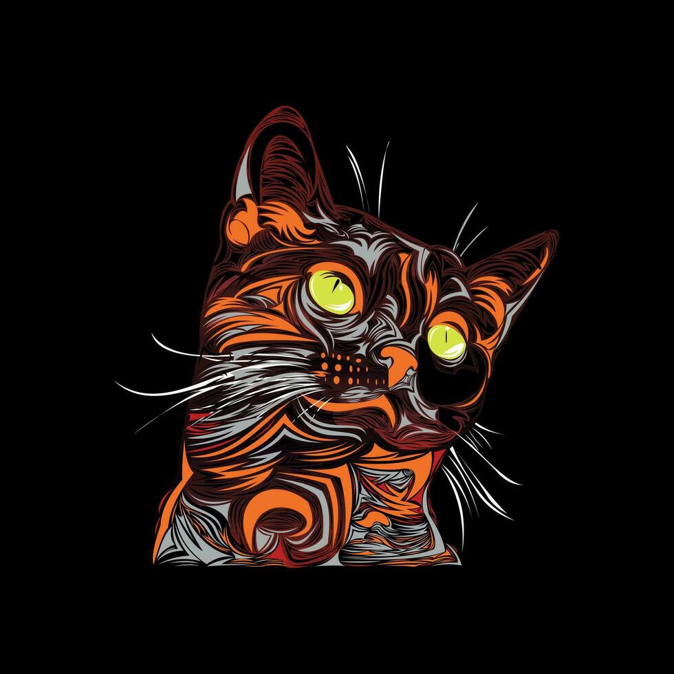 Cat Head art style illustration, Cat line art vector illustration in vibrant color. Detail artwork for tattoo, apparel, merchandise