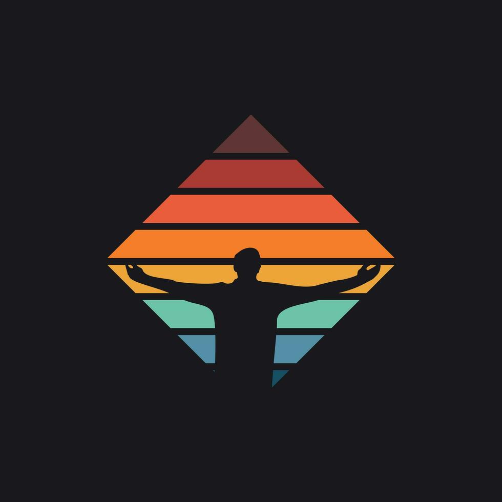 Man Raising Both Hand in square sunset rainbow design template, Champion, win, Leader, winner Logo Design Vector, Human Power vector