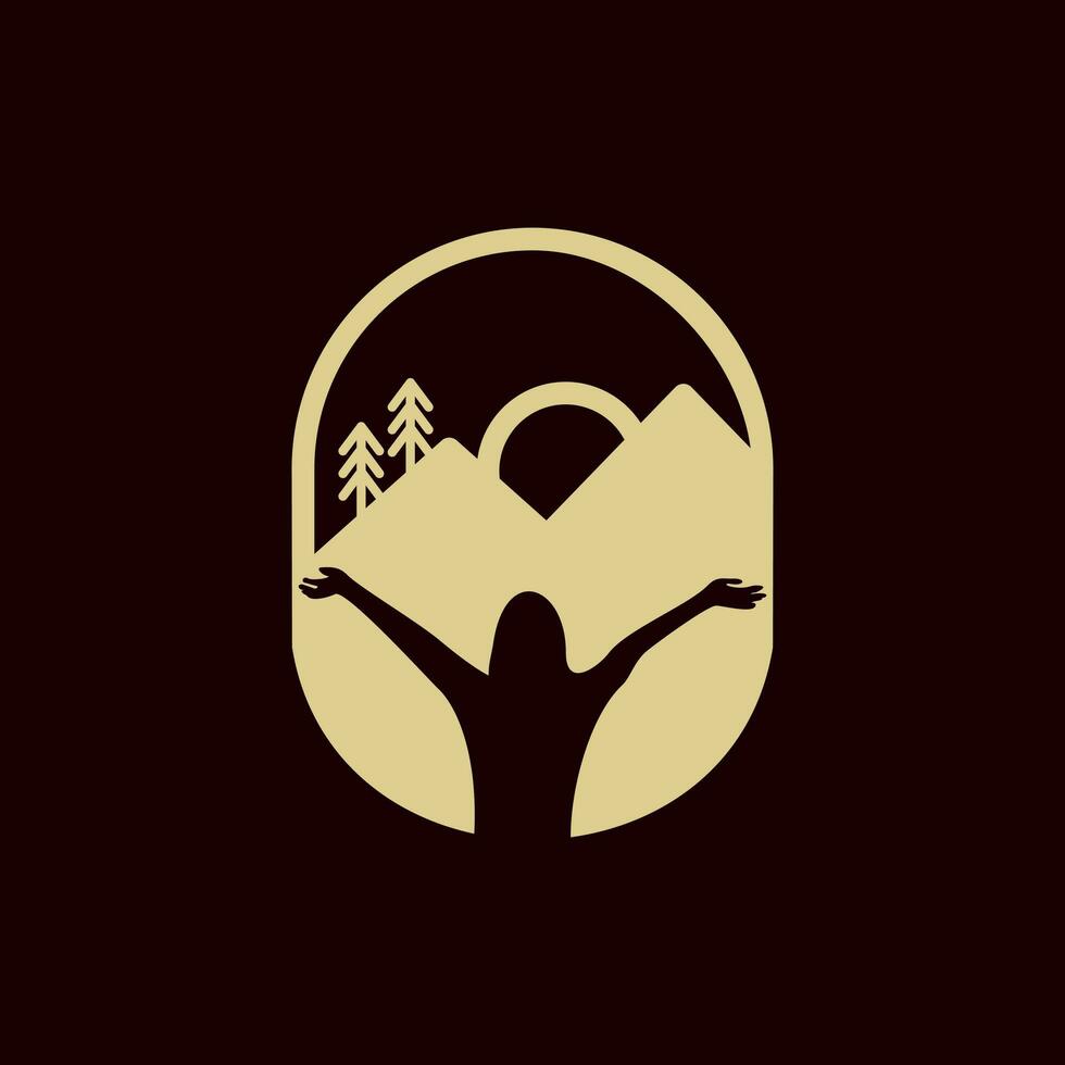 mountain landscape adventure logo with woman raising both hands, logo design template element vector