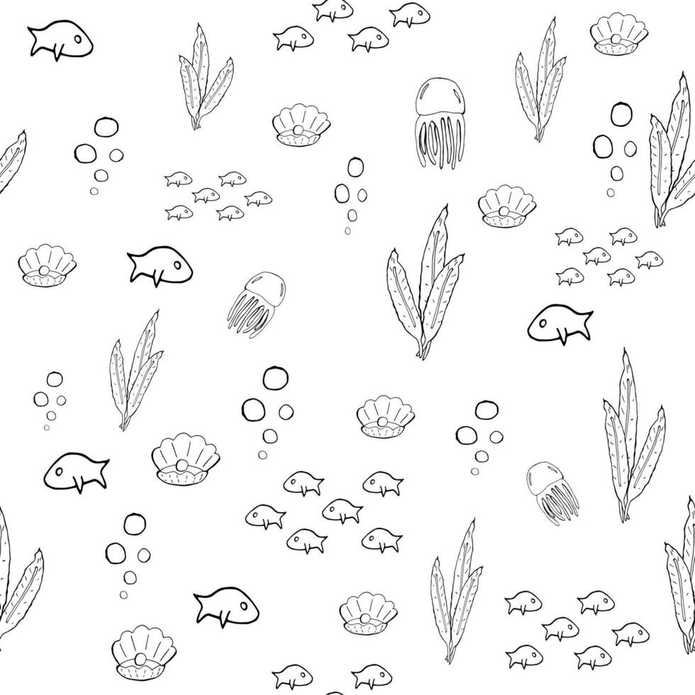 Seamless hand drawn doodle pattern. Marine theme. Cute fishes. Vector illustration.