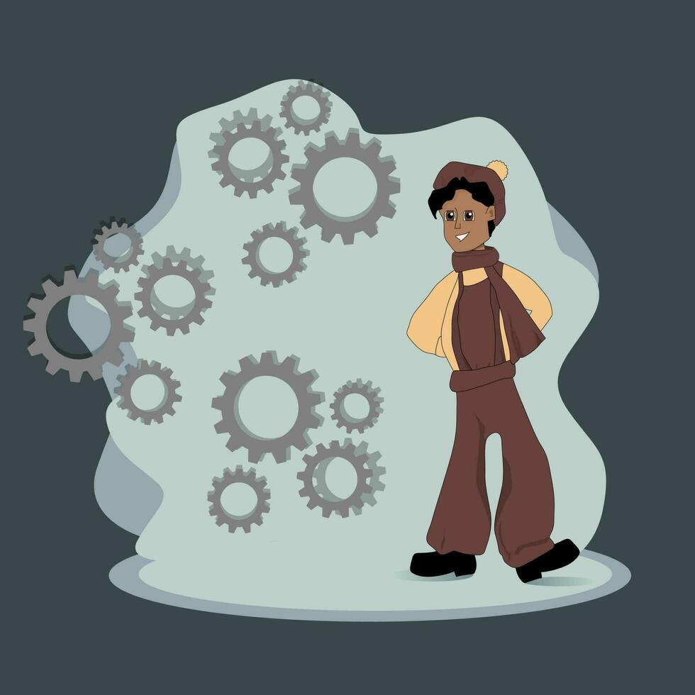 Cartoon mechanic boy with gears on background. vector