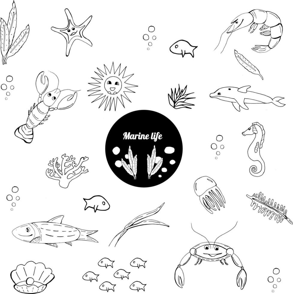 Sea life creatures collection. Vector ocean creatures isolated on white background. Coloring book page, stickers. Art element for design.