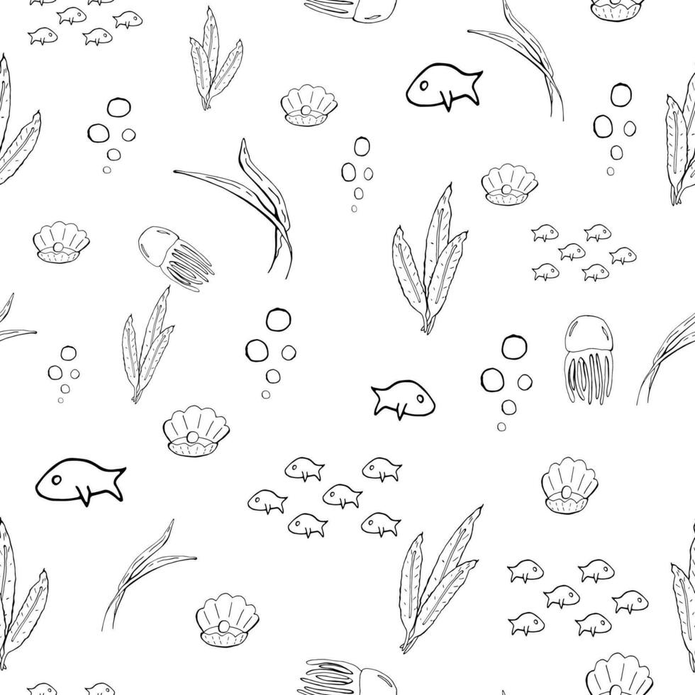 Seamless hand drawn doodle pattern. Marine theme. Cute fishes. Vector illustration.