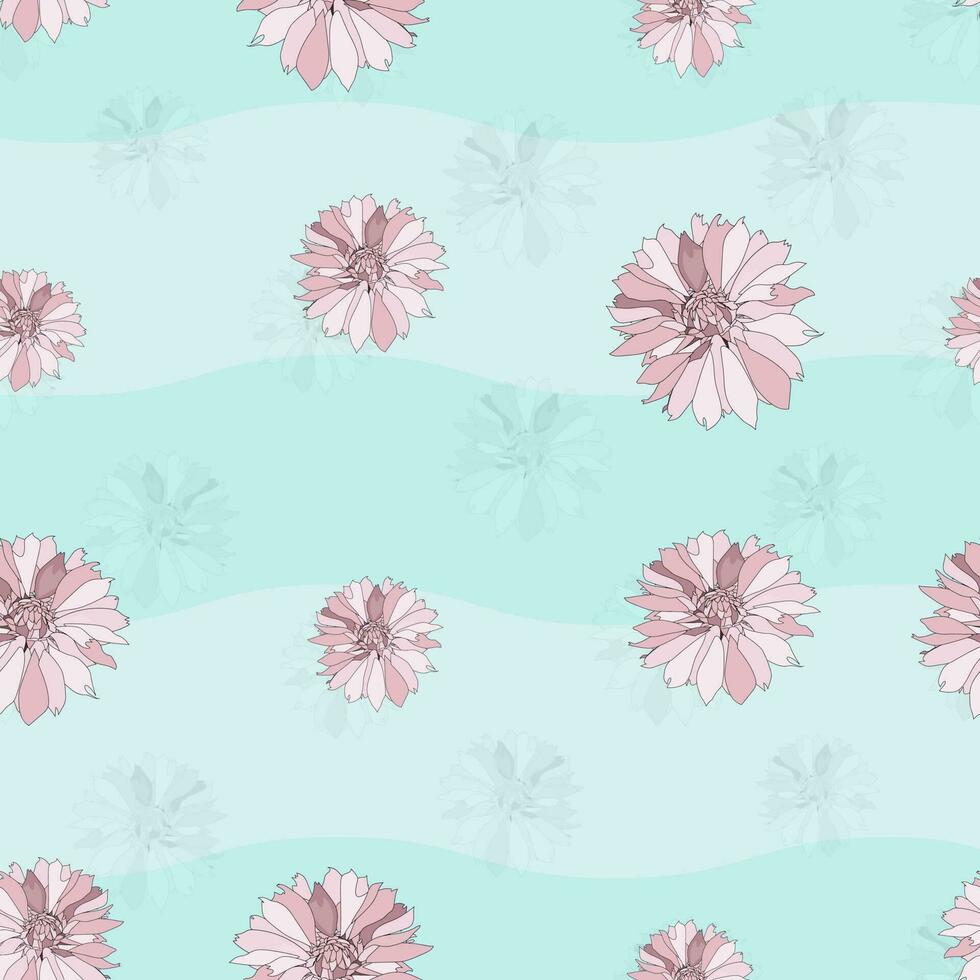 Pink flowers on blue waves. abstract seamless pattern. Spring floral pattern. Illustration for fabric print, cards, wrapping, wallpapers. vector