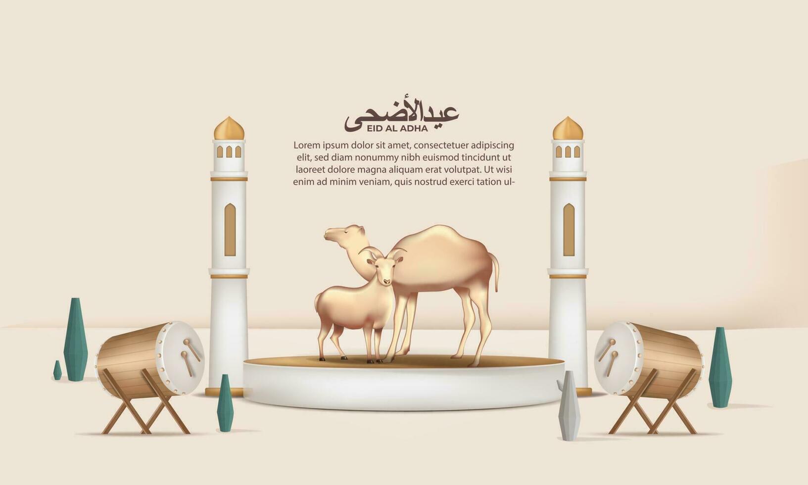 eid al adha background with goat, camel for poster, banner design. vector illustration