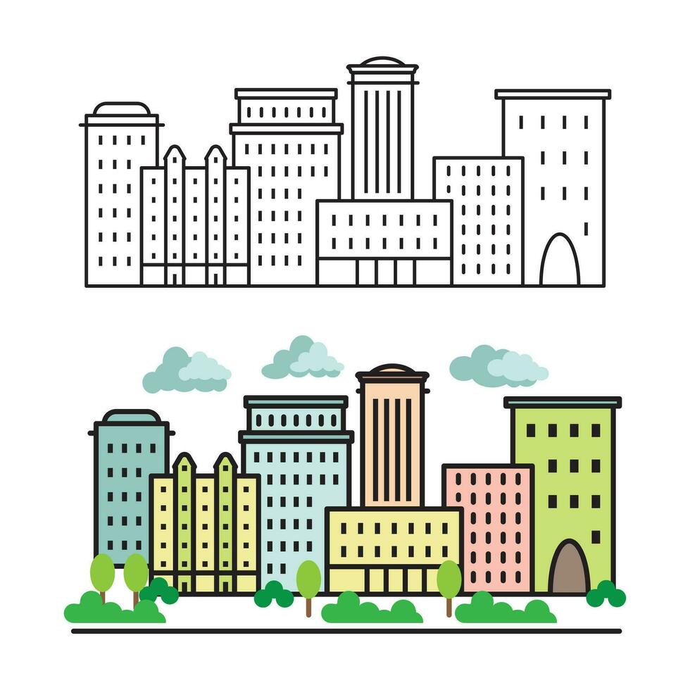 Flat vector buildings. Hotel, restaurant, bank, museum, home.