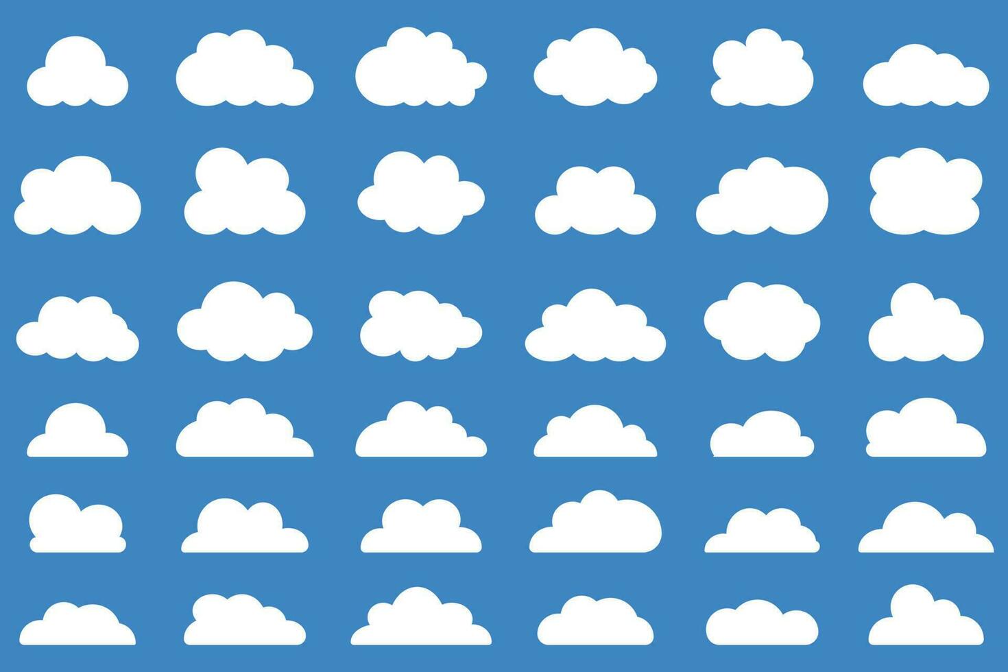 Cloud icons set on blue background. Flat cloudy vector collection. White clouds group. Design element for flat illustration.